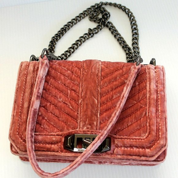 Rebecca Minkoff Handbags - Rebecca Minkoff Small Pink Chevron Quilted Love Velvet Crossbody Bag Gray Chain
